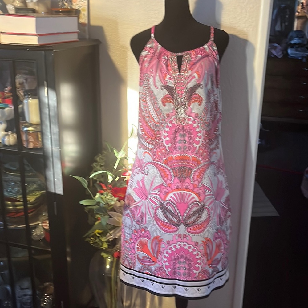 INC, paisley tape, print, dress keyhole beaded hippie boho dress
